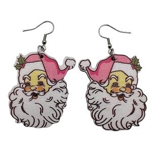 Vintage Pink Retro Santa Claus Head Wooden Dangle Earrings